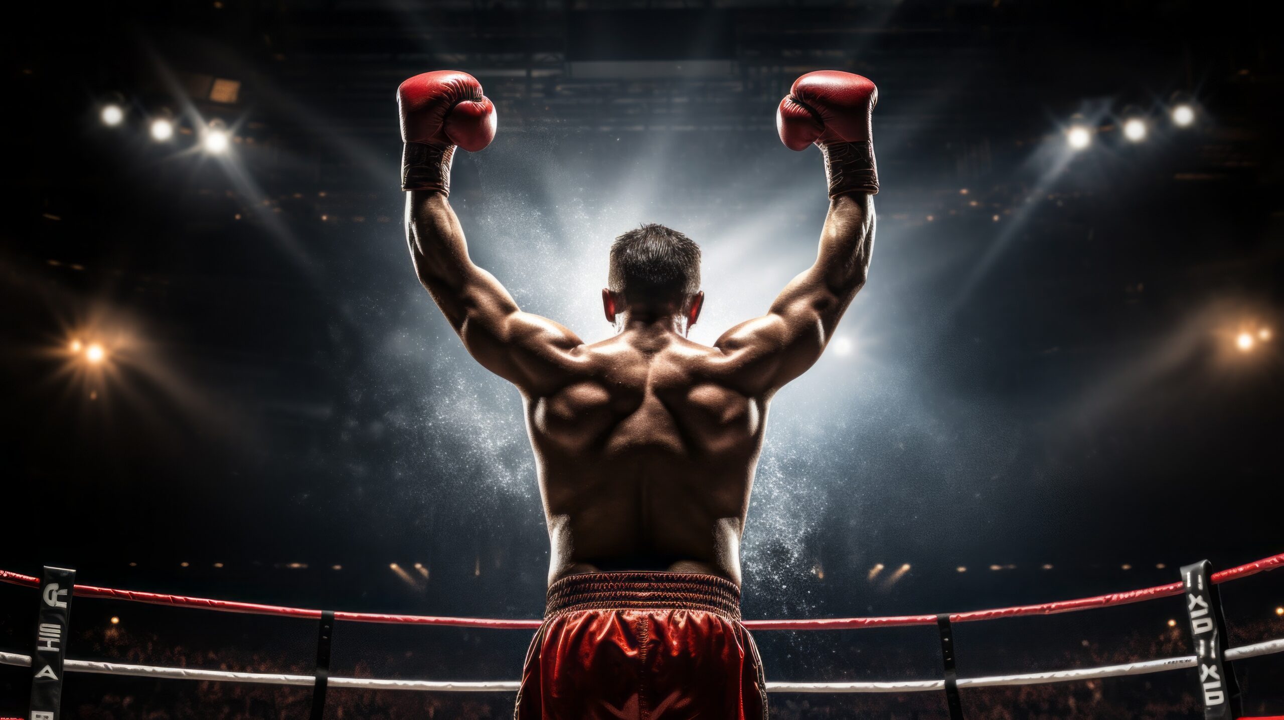 A rear view of a boxing champion enjoying his victory in the lights of the ring. Competitions, Sports, Energy, Healthy lifestyle concepts.